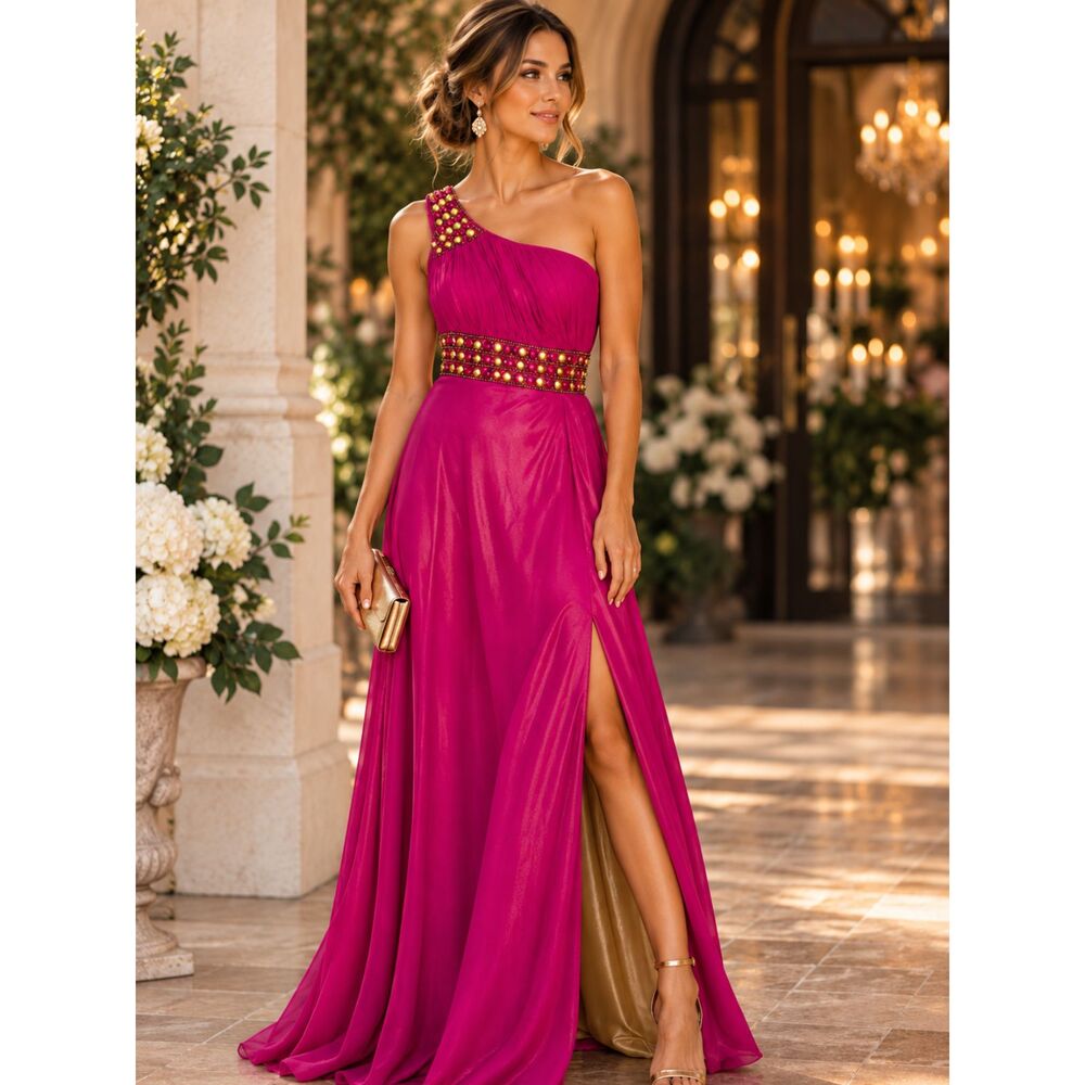 Camille La Vie Fuchsia One Shoulder Beaded Formal Gown 12 Glam Evening Sheer